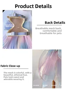 Detail of mermaid pet harness with breathable mesh and iridescent rainbow tulle skirt