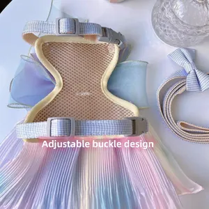 Adjustable buckle design on a breathable mesh pet harness with rainbow pleats and leash