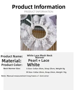 White pet lace collar with pearls shown in detailed size chart for cats and dogs