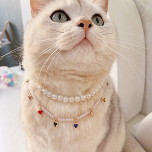Luxurious Double Layer Pet Artificial Pearl Necklace With Rhinestone Tassel Heart Pendant For Cat Dog Birthday Party Decoration