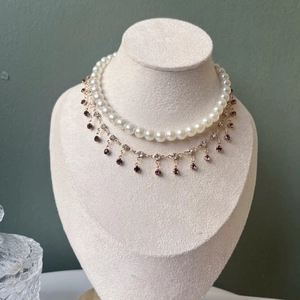 Double-layer pet pearl necklace with gold chain and purple rhinestone pendants