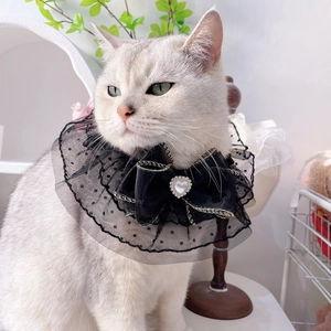 Elegant black lace pet collar with bowknot and heart pearl for cats and small dogs