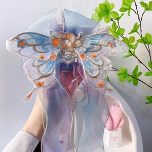 Chinese style butterfly embroidery pet harness dress with long gradient organza ribbons