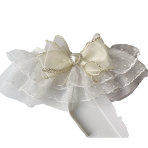 Lolita style pet collar with white satin bow, polka dot mesh and heart pearl detail