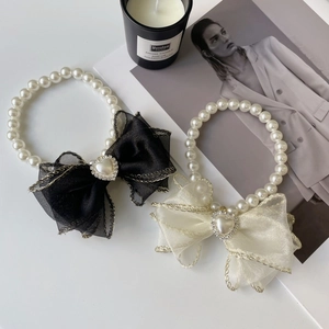 Elegante Collana di Künstliche Perle per Animali Domestici Con Fiocco in Organza Ciondolo a Cuore Strass per Gatti Cani Piccoli