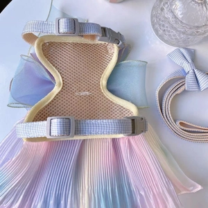 Mermaid style pet harness with mesh skirt and matching leash in blue houndstooth check