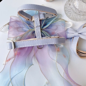 Elegant butterfly pet harness and leash set with blue and white houndstooth pattern