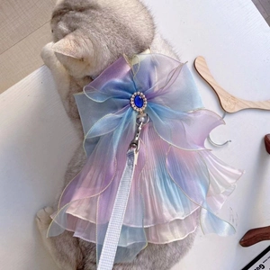 Iridescent mermaid style pet harness dress with bow and leash for cats and dogs