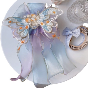 Embroidered butterfly pet harness dress with gradient blue purple organza long ribbons