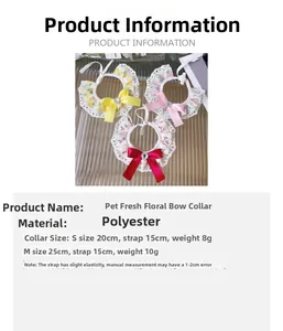 Detailed size chart for floral pet collars with lace trim and heart charm details
