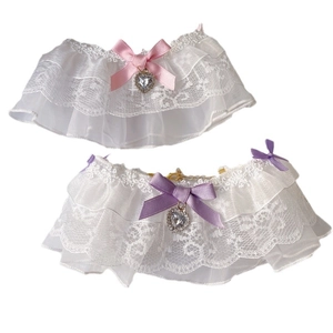 Double-layered lace pet collar with a large silk bow and heart rhinestone pendant