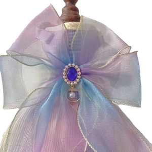Iridescent mermaid style pet harness dress with gradient mesh and pearl bow decoration