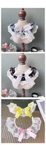 Detail of floral pet collars with lace trim, satin bows, and gemstone embellishments