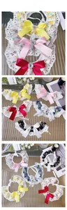 Detail of pet lace collar with satin bow and heart-shaped rhinestone buckle decoration