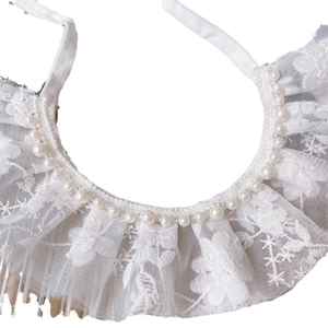 White lace pet collar with embroidery pearls and adjustable silk ribbon for cats and dogs