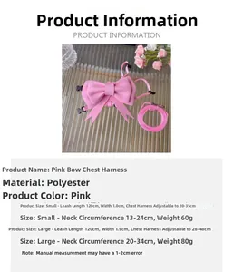 Detailed chart for pink bow pet harness showing sizes S and L with dimensions and polyester material