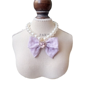 Collier de perles pour animaux style japonais avec nœud lavande et pendentif cœur