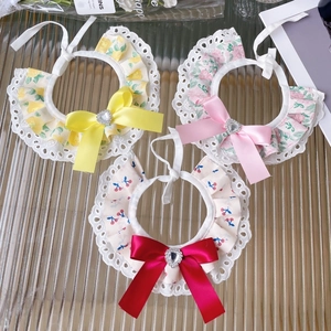 Floral pet lace bib collar with satin bow and heart rhinestone for small dogs and cats