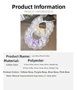 Detailed size chart for lace floral pet collar with ribbons for cats and dogs