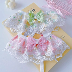 Lace pet collar bibs with floral cotton, bows and pearl pendants in pink and green