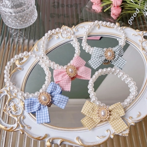 Pet Pearl Necklace For Dogs Cats Gingham Bow Knot Resin Artificial Pearl Collar With Rhinestone Alloy Jewelry Pet Accessories