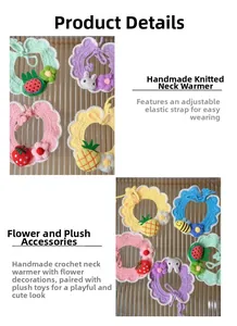 Macro view of hand-knitted pet collar with cute 3D animal and fruit charms