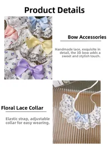Detail of floral lace pet collar featuring colorful silk bows and adjustable elastic straps