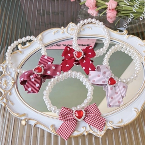Sweet Pet Artificial Pearl Necklace With Bowknot Red Heart Gem Rhinestone Adjustable Cat Dog Collar For Birthday Party Decoration