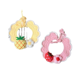 Handmade crochet pet collars featuring cute strawberry and pineapple designs for cats