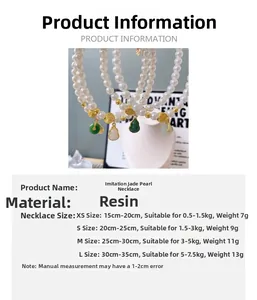 Detailed sizing chart for pet pearl necklace with faux jade pendant and resin beads