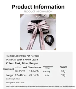 Detailed size chart for pink bow pet harness with chest and neck measurements
