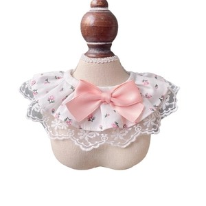 Floral lace pet collar with pink satin bow and rose pattern for small dogs and cats