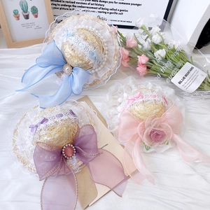 Cappello di Paglia per Animali Lolita Fatto a Mano Intrecciato per Cane Gatto con Fiocco in Pizzo e Perle Artificiali