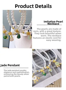 Detail of Chinese style pet pearl necklace with jade pendants and gold Fu charm
