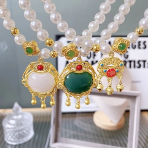 Elegant Chinese-style pet pearl necklace with vintage Ruyi lock and bell pendants