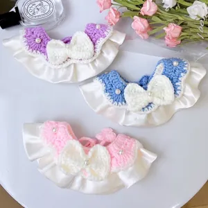 Hand Knitted Pet Bib With Satin Ruffle Milk Cotton Crochet Cat Collar Bowknot Artificial Pearl Decorative Small Dog Scarf Accessory