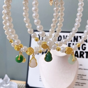 Chinese style pearl pet necklace with gold blessing beads and jade pendants