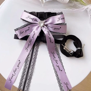 Adjustable black lace pet harness set with purple bow for small dogs and cats