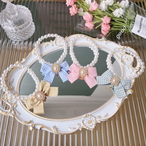 Elegant pet pearl necklaces with colorful plaid bows for cats and small dogs in four colors