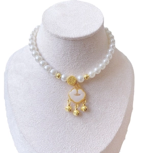 Chinese style pearl pet necklace with golden Fu charm and Ruyi imitation jade pendant