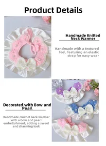 Detail of handmade knit pet collar with macaron colors, satin trim, and pearl bow accents