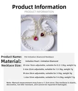 Detailed size chart for pet pearl necklaces with pink and red heart rhinestone charms