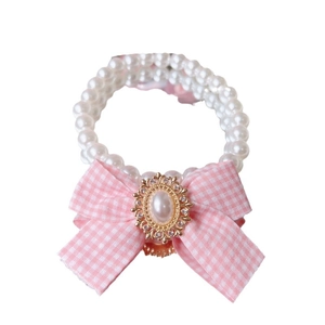 Elegant double-row pearl pet necklace with pink gingham bow and gold vintage pendant