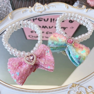 Elegant pearl pet collar with sequined bows and pink gemstone charms for small dogs