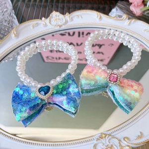 Sparkly sequin bow pet collar with imitation pearls and gem center for small dogs and cats