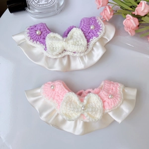Knitted pet bow collar with satin ruffle trim and pearls in pink and purple colors