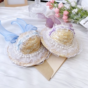 Cappello di paglia Lolita fatto a mano con pizzo e perle per gatti e cani piccoli