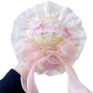 Cappello di paglia Lolita per animali con pizzo rosa, fiori fatti a mano e fiocco
