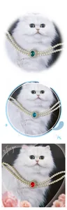 Double-layered pearl pet necklace featuring red, blue, and green gemstone pendants