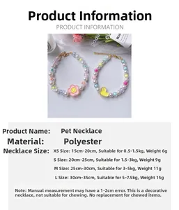 Detailed size chart for adjustable flower bead pet necklace with XS to L measurements